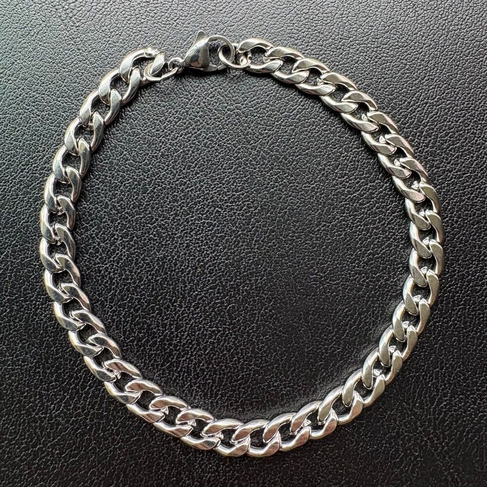 8" 6mm Cuban Link Bracelet Silver Stainless Steel Smooth Classic Curb Men Jewelr